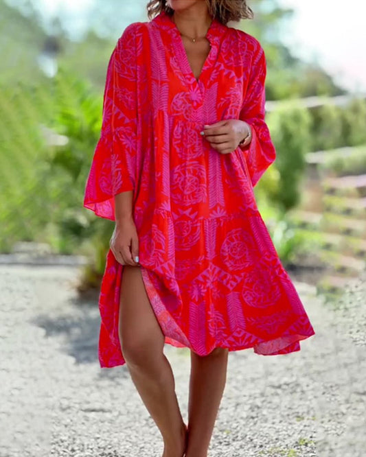 Out-Shine | Dress with 3/4 Sleeves and Geometric Boho Print