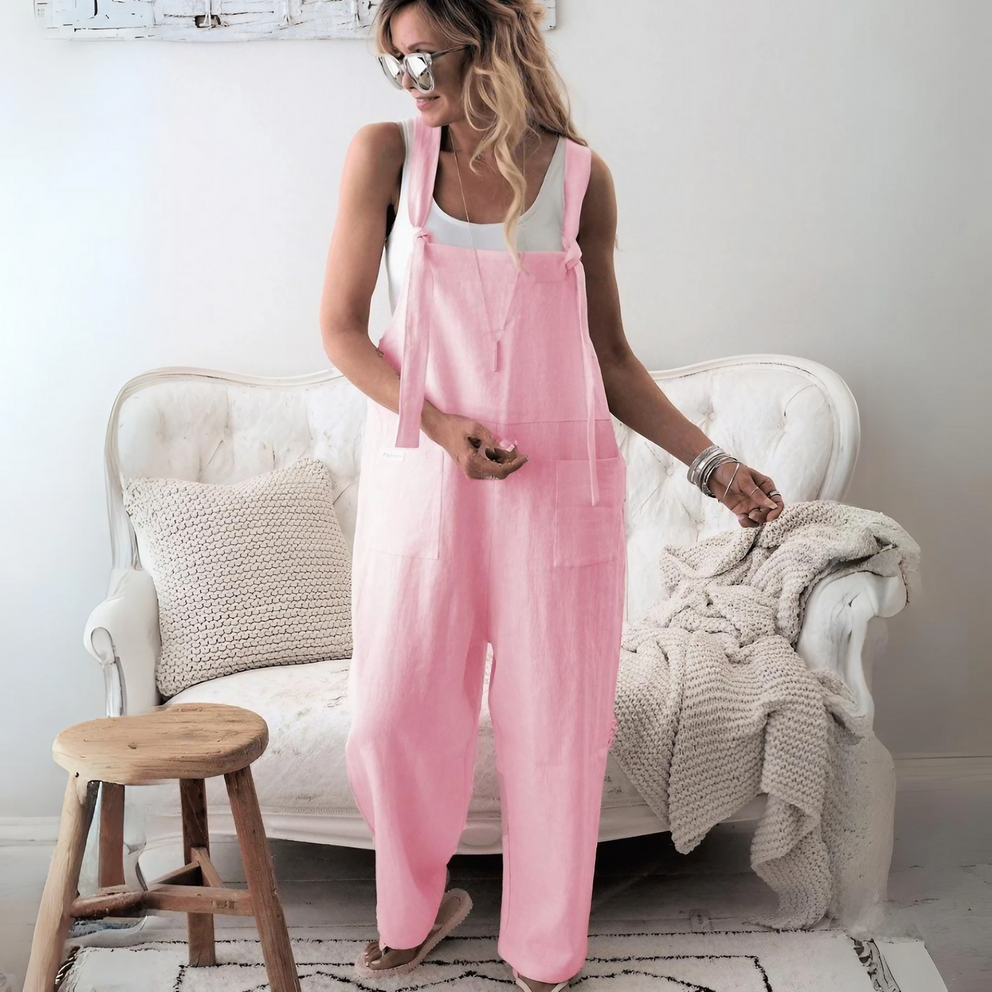 Out-Shine | Casual Loose Cotton Linen Solid Pockets Jumpsuit