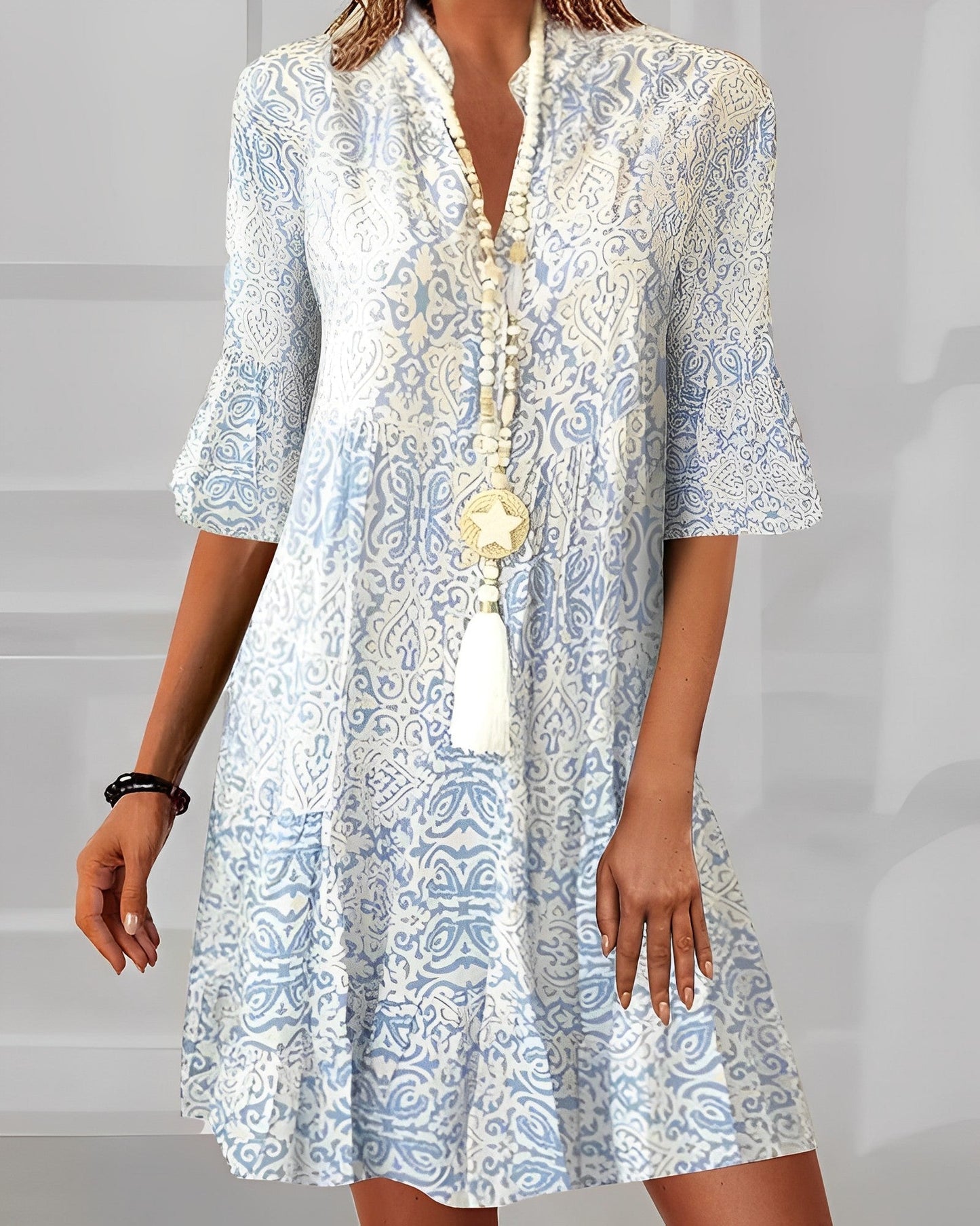 Out-Shine | Women's Elegant Print Mid Dress Blue