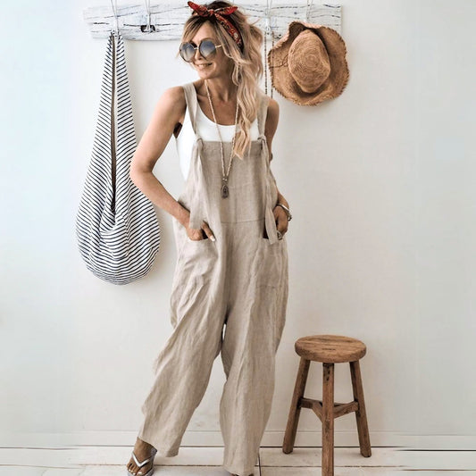 Out-Shine | Casual Loose Cotton Linen Solid Pockets Jumpsuit