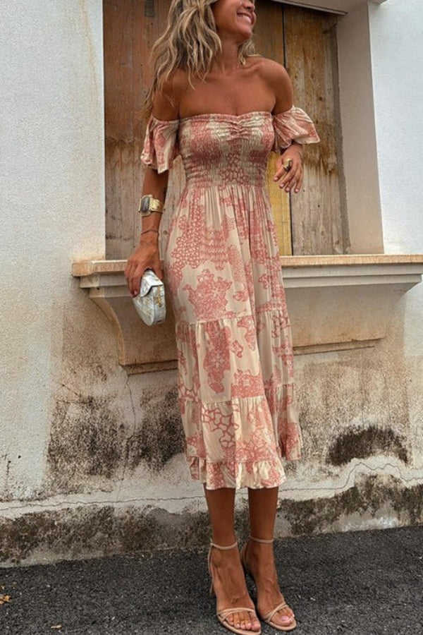 Out-Shine | Unique Print Off Shoulder Smocked Ruffle Sleeve Layered Midi Dress