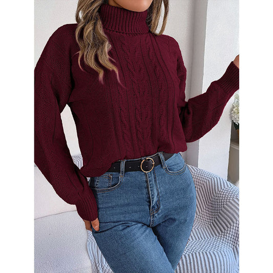 Out-Shine | High Collar Twist Knit Long Sleeve Pullover Sweater
