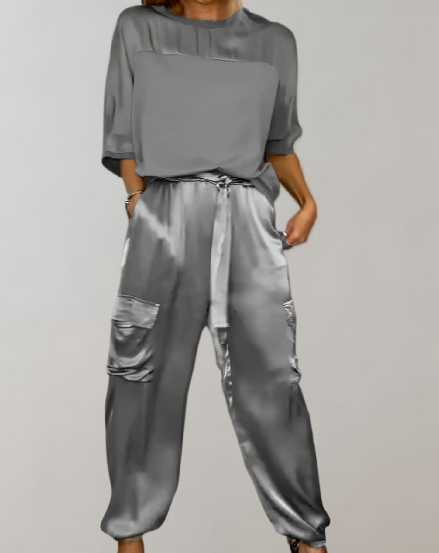 Out-Shine | Elegant Satin Top With Satin Cargo Trousers 2-Piece Set