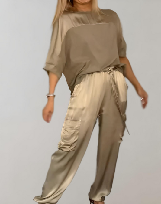 Out-Shine | Elegant Satin Top With Satin Cargo Trousers 2-Piece Set