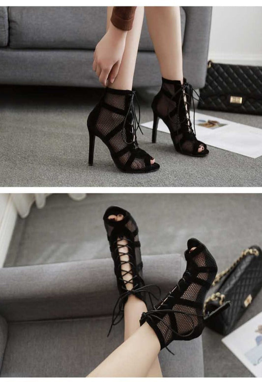 Out-Shine | Black Lace Peep Toe Net High Heel Ankle Boots