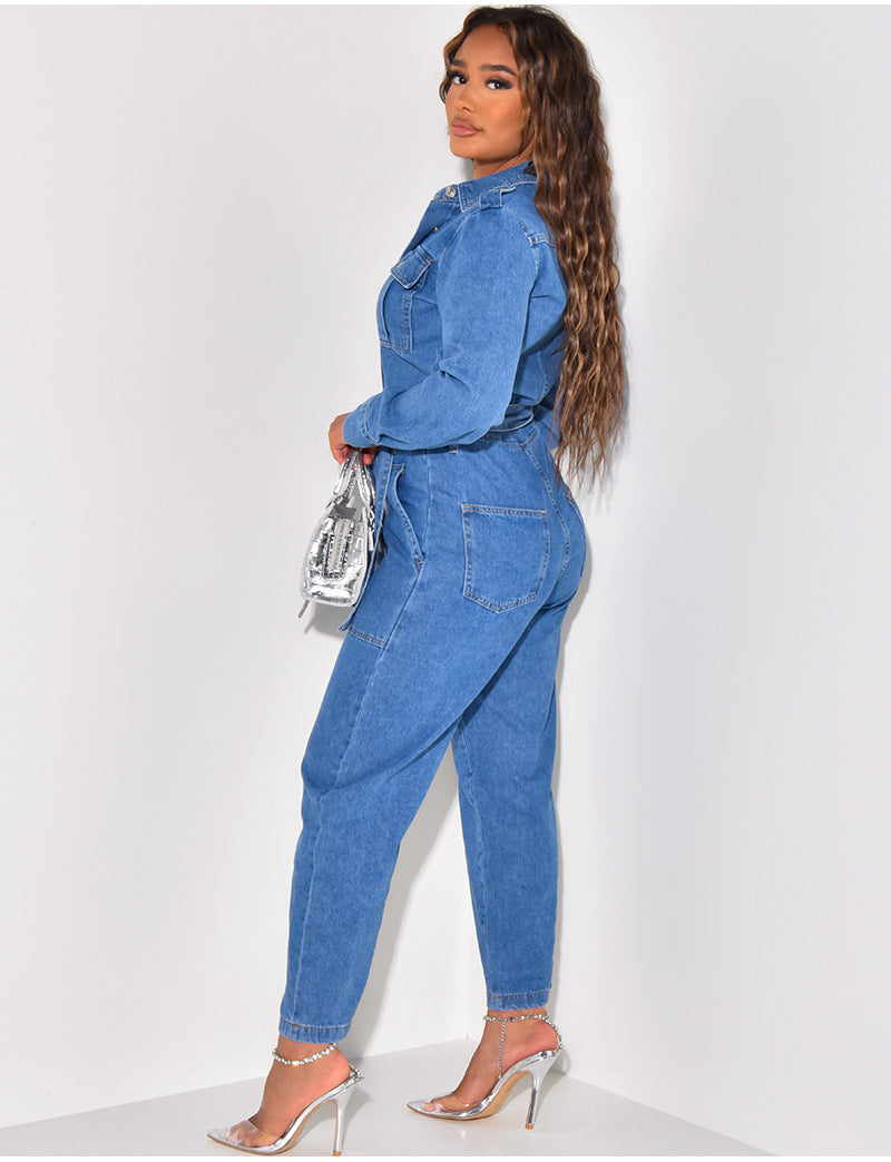 Out-Shine | Women's Denim Belted Jumpsuit