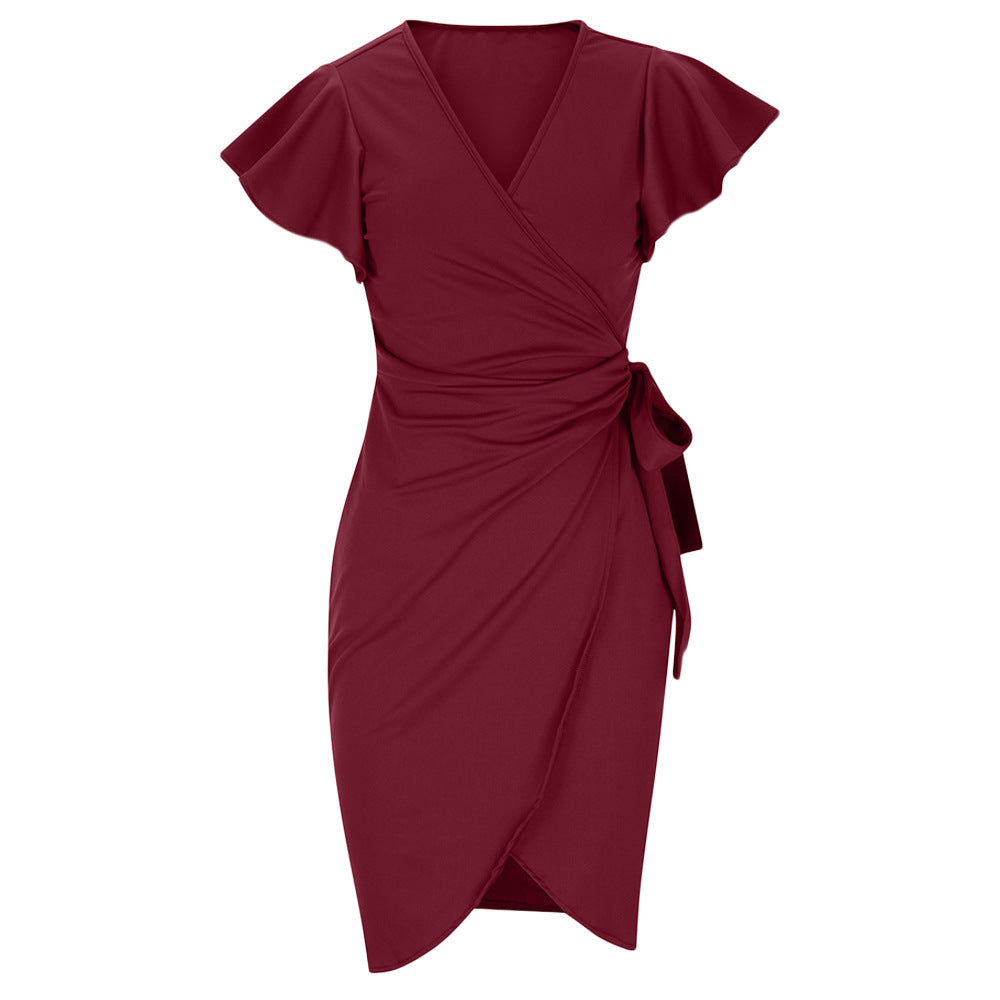 Out-Shine | Dress with V-Neck, Tight Waist, Pleating, and Bell Sleeves for Women