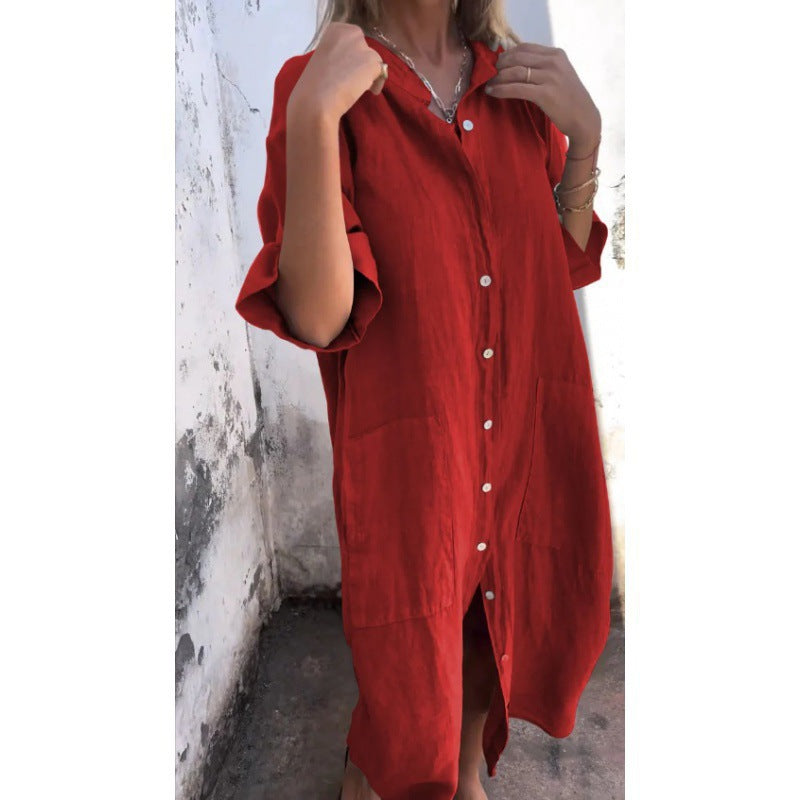 Out-Shine | cotton linen shirt dress with three quarter sleeves