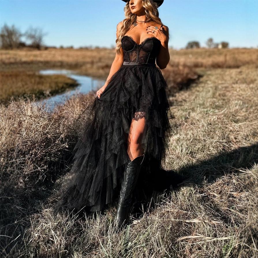 Deslumbra | Vestido largo Pure Desire de encaje de malla elástica con estampado de espiga