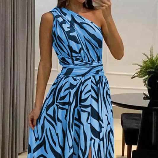 Out-Shine | Women's One Shoulder Zebra Print Dress High Slit