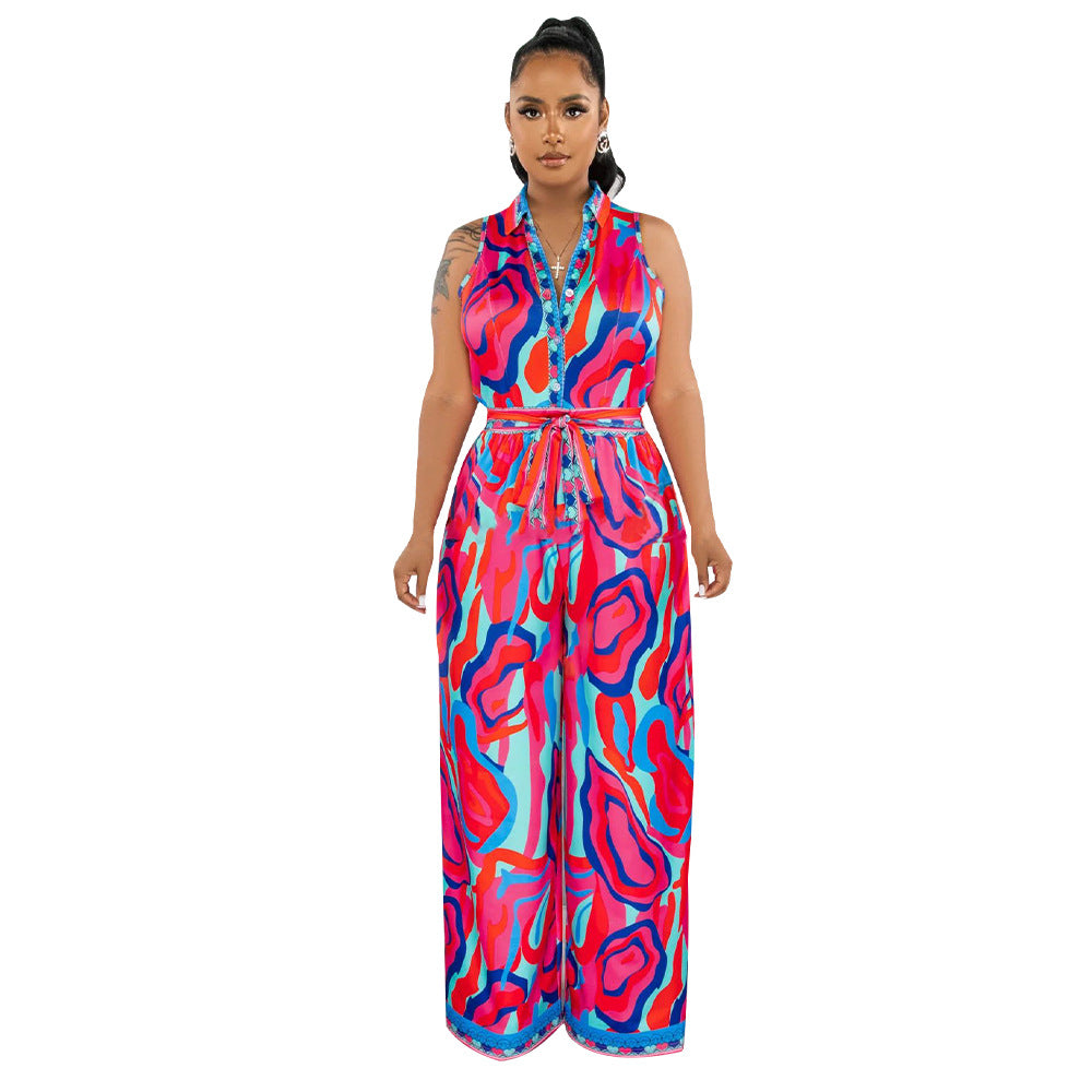 Out-Shine | Women's Abstract Print Wide-Leg Jumpsuit With Bow Tie