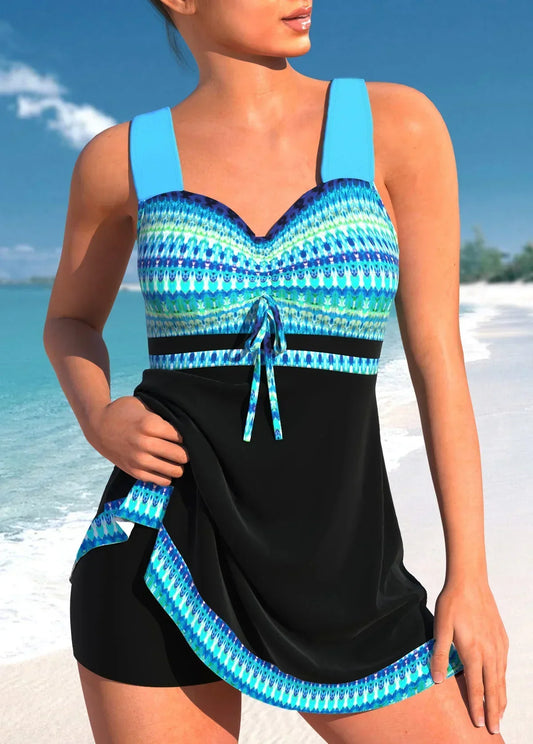 Brilla con luz propia | Tankini azul, ajustado y ligero con diseño patchwork