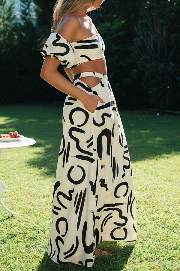 Out-Shine | Doodle Printed Off Shoulder Crop Top and Pocketed Cutout Maxi Skirt Set