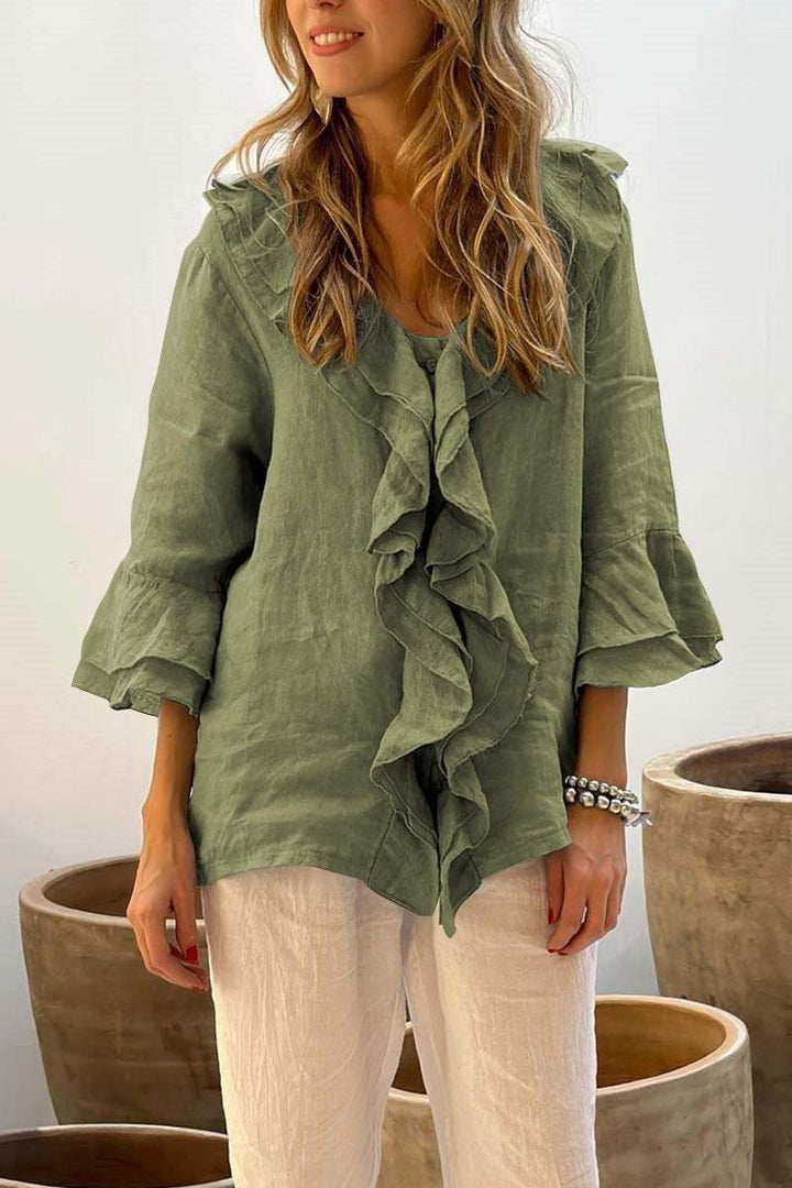 Out-Shine | Casual Ruffle Collar Cotton and Linen Tops