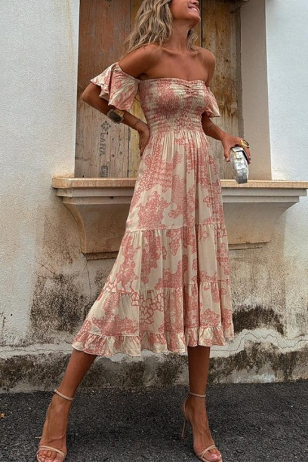 Out-Shine | Unique Print Off Shoulder Smocked Ruffle Sleeve Layered Midi Dress