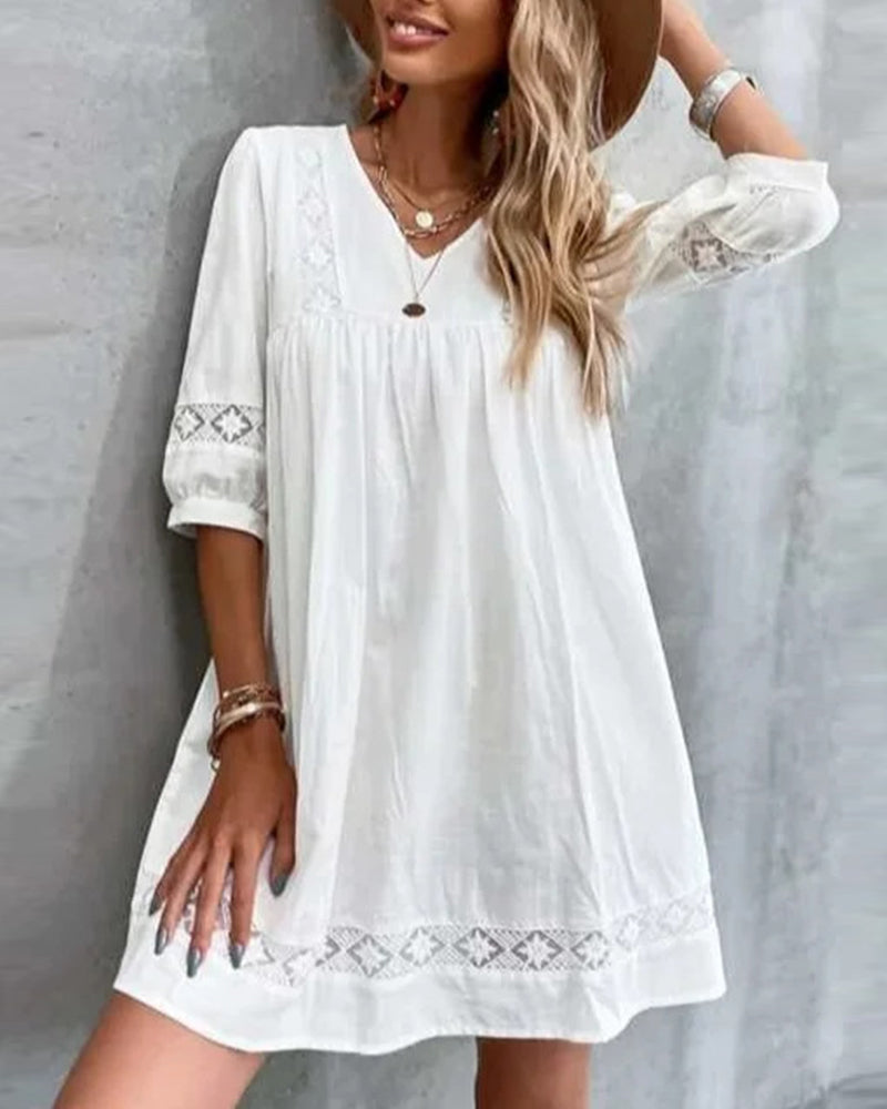 Out-Shine | Plain Lace Dress With V-Neck And Three-Quarter Sleeves