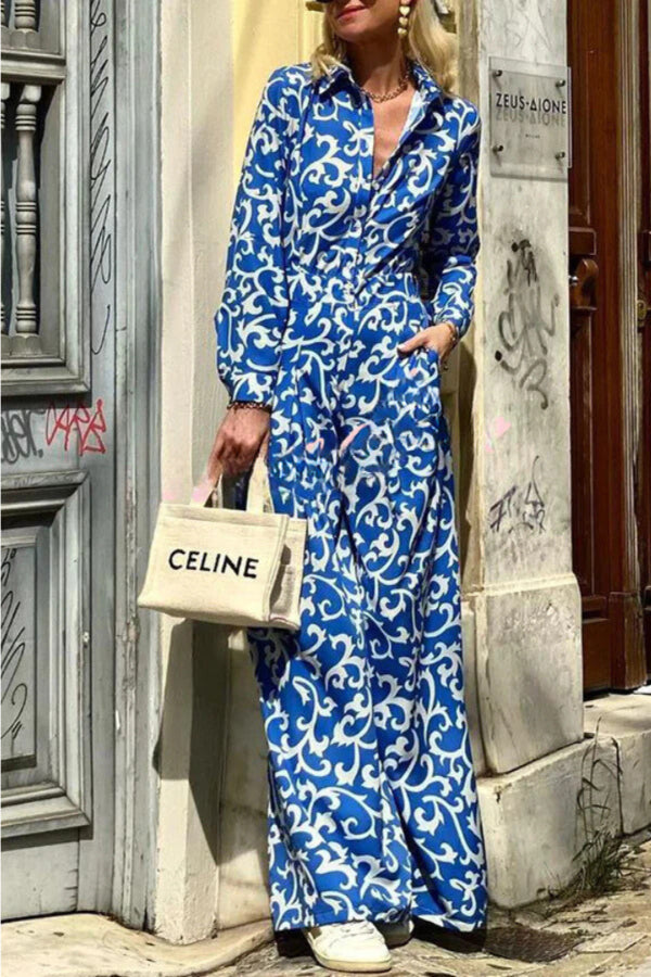 Deslumbra | Vestido camisero largo de manga larga con estampado, solapa, botones y bolsillo 