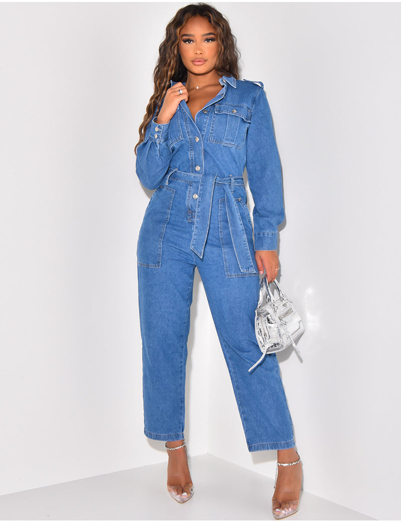 Out-Shine | Women's Denim Belted Jumpsuit