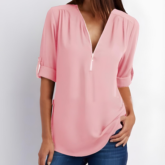 Deslumbra | Blusa elegante con cremallera y cuello en V 