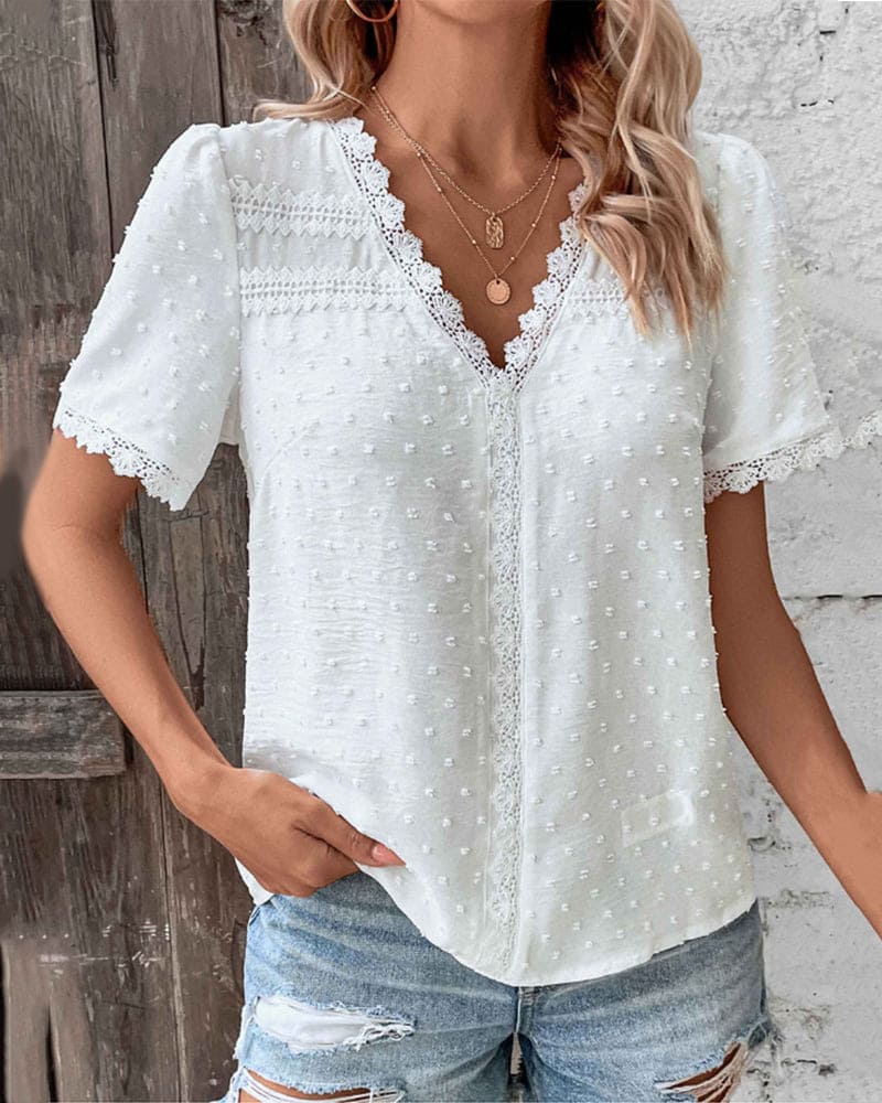 Out-Shine | Flattering V-Neck Short Sleeve Lace Blouse