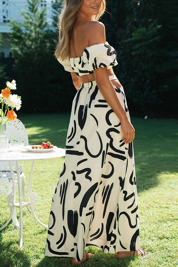 Out-Shine | Doodle Printed Off Shoulder Crop Top and Pocketed Cutout Maxi Skirt Set