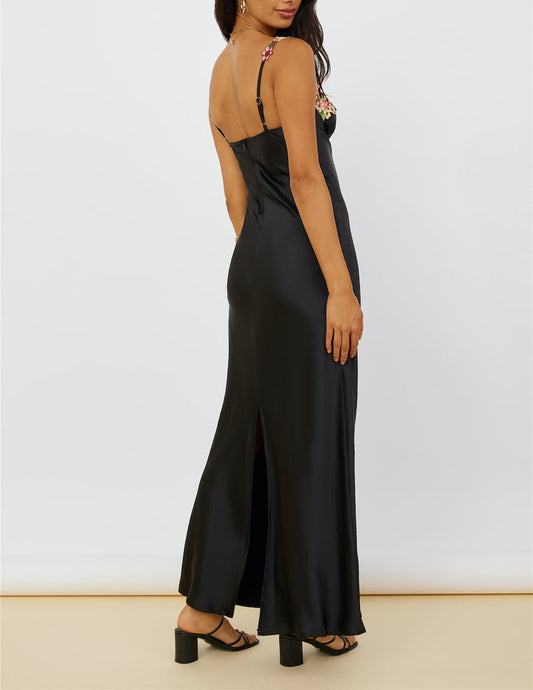 Deslumbra | Vestido largo de satén con tirantes florales para mujer