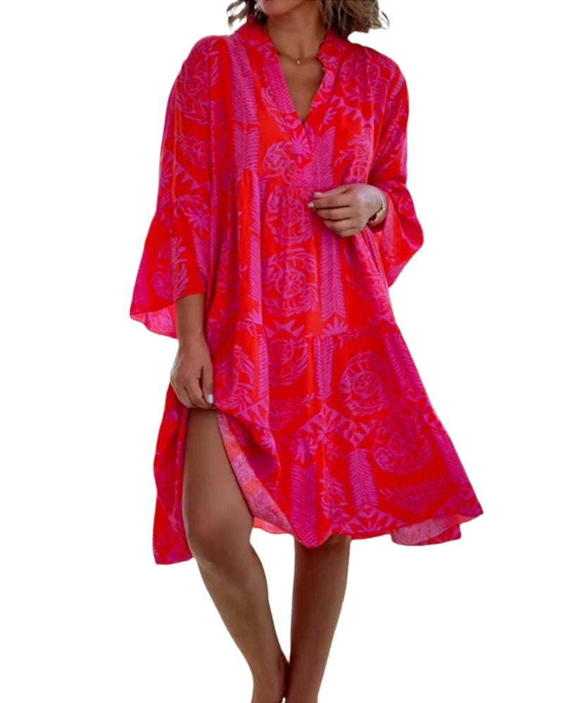 Out-Shine | Dress with 3/4 Sleeves and Geometric Boho Print