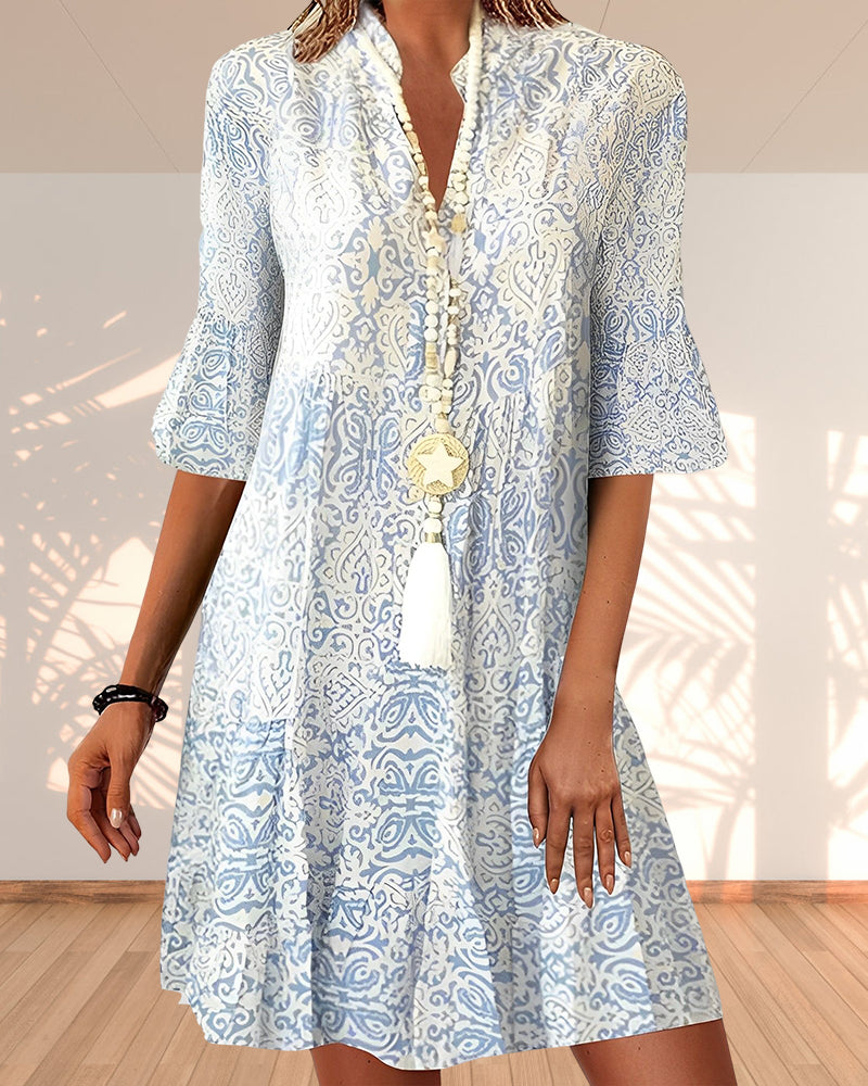 Out-Shine | Women's Elegant Print Mid Dress Blue