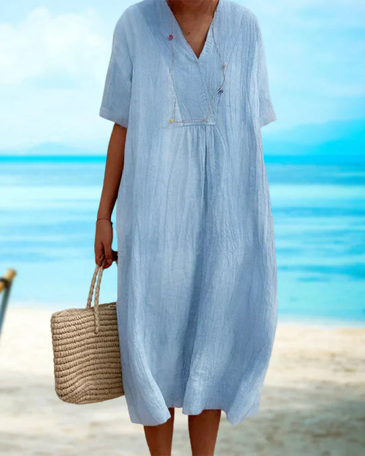 Deslumbra | Vestido de manga corta y cuello en V de color liso para mujer