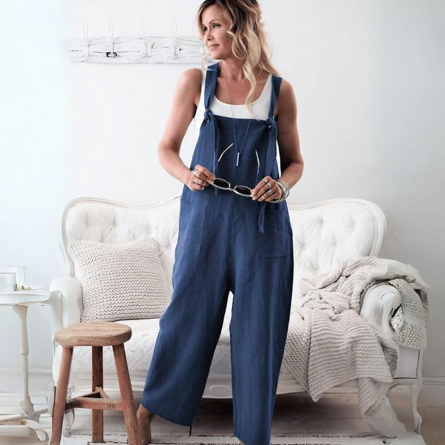 Out-Shine | Casual Loose Cotton Linen Solid Pockets Jumpsuit