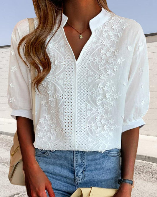Out-Shine | V-Neck Stand-Up Collar Embroidered Blouse