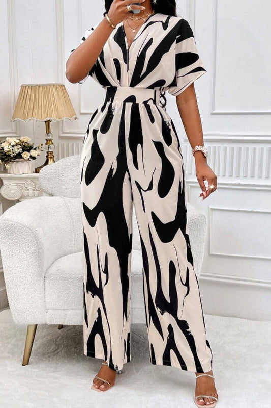Out-Shine | Printed V-Neck Short Sleeve Wide Leg Jumpsuit