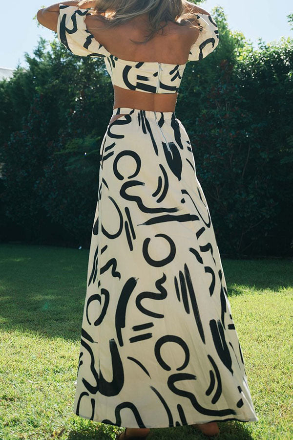 Out-Shine | Doodle Printed Off Shoulder Crop Top and Pocketed Cutout Maxi Skirt Set