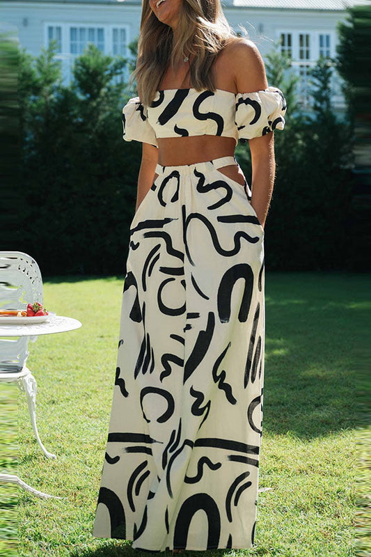 Out-Shine | Doodle Printed Off Shoulder Crop Top and Pocketed Cutout Maxi Skirt Set