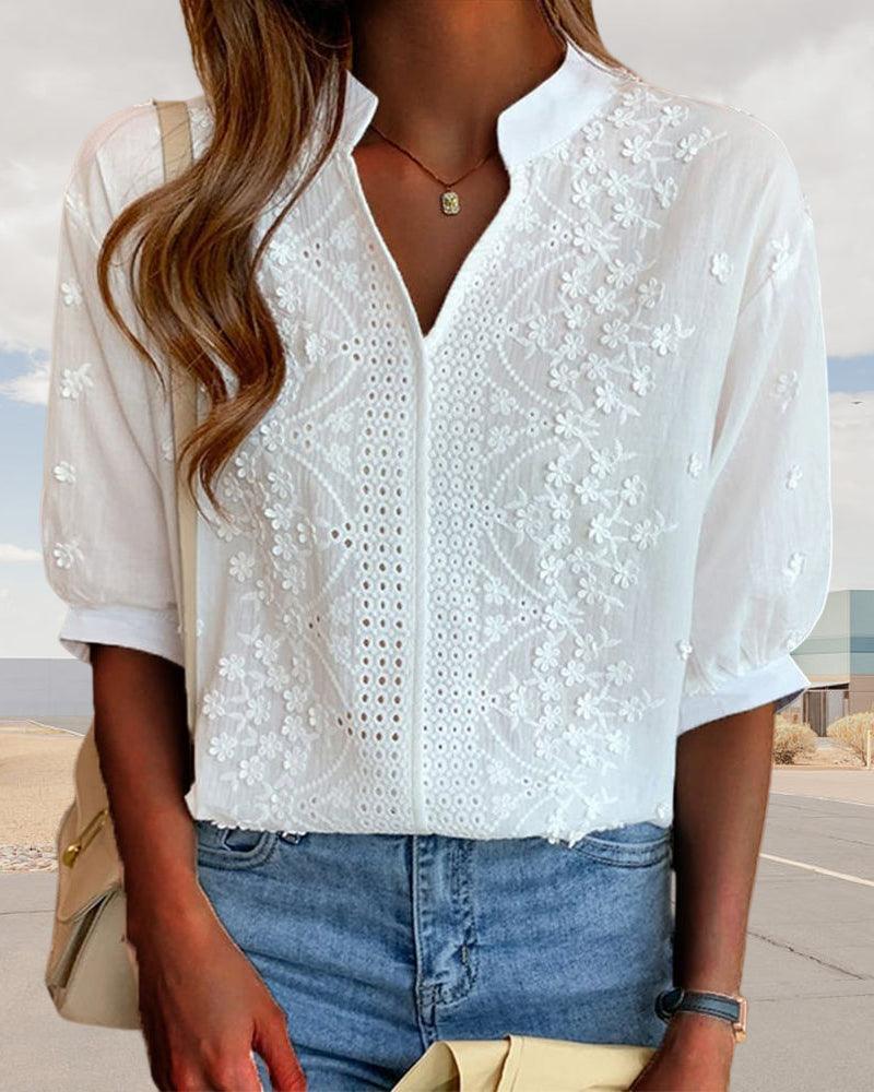 Out-Shine | V-Neck Stand-Up Collar Embroidered Blouse