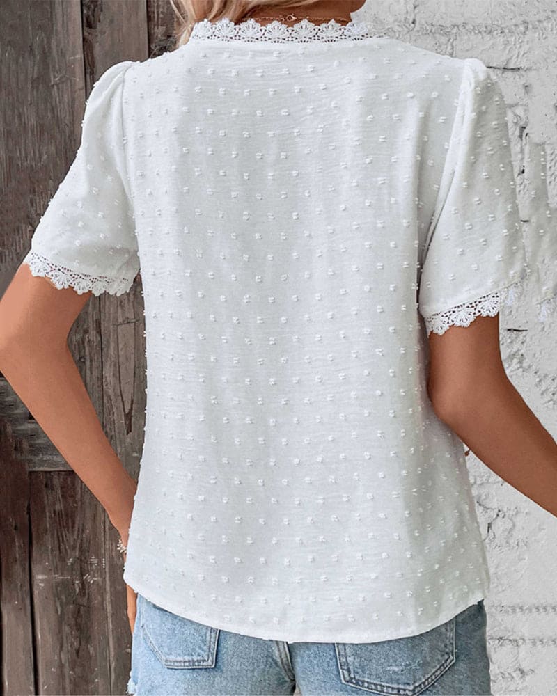 Out-Shine | Flattering V-Neck Short Sleeve Lace Blouse