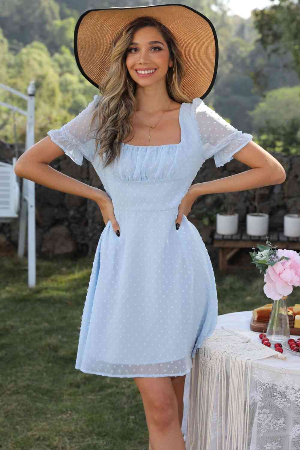 Out-Shine | Square Neck Swiss Dot Flounce Sleeve Dress