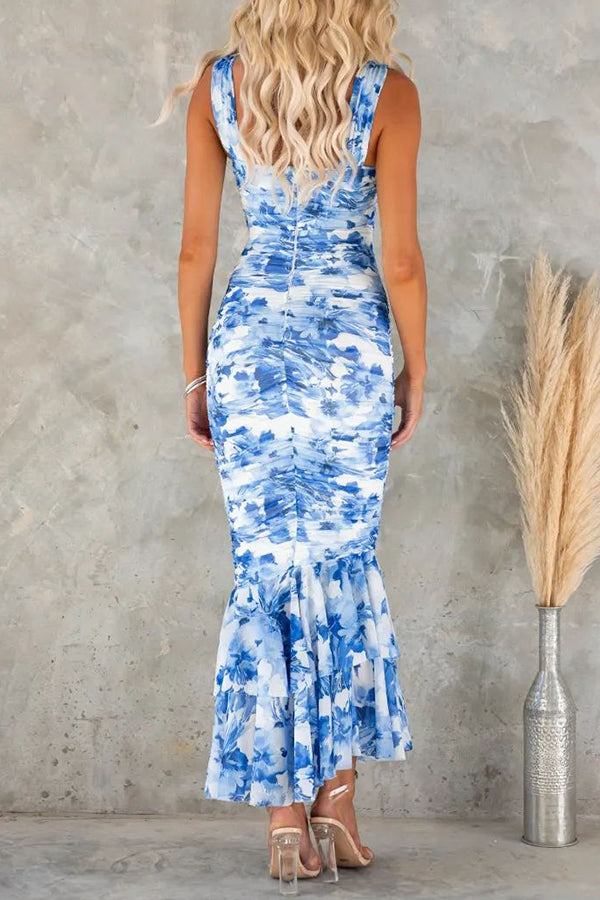 Deslumbra | Vestido largo de encaje fruncido floral con volantes en el bajo