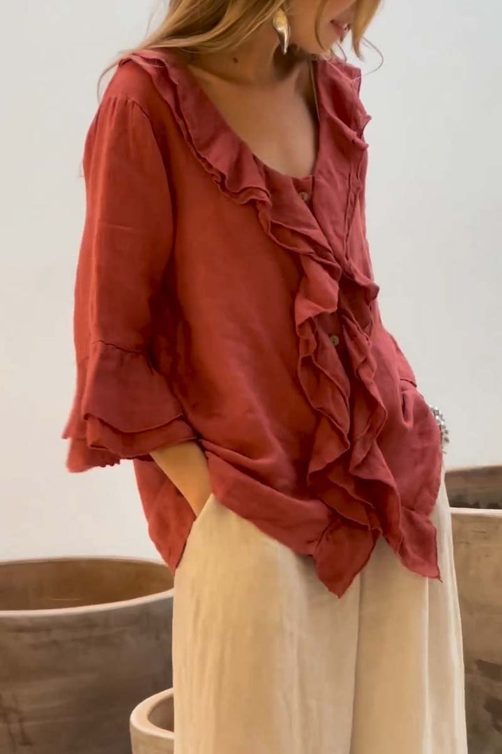 Out-Shine | Casual Ruffle Collar Cotton and Linen Tops