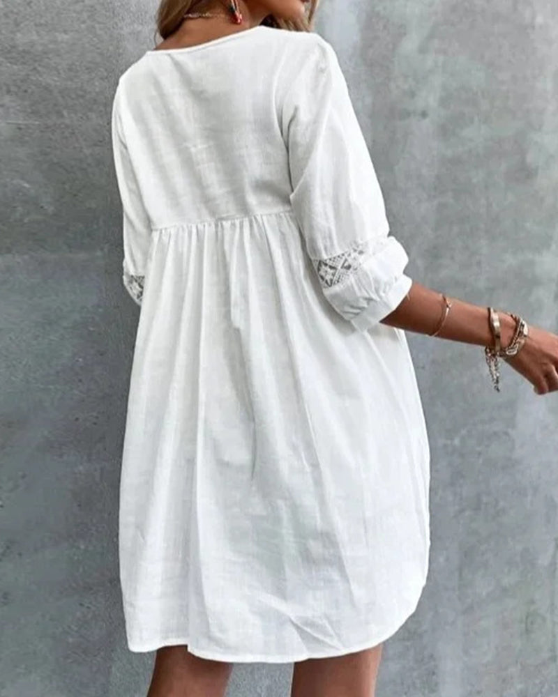 Out-Shine | Plain Lace Dress With V-Neck And Three-Quarter Sleeves