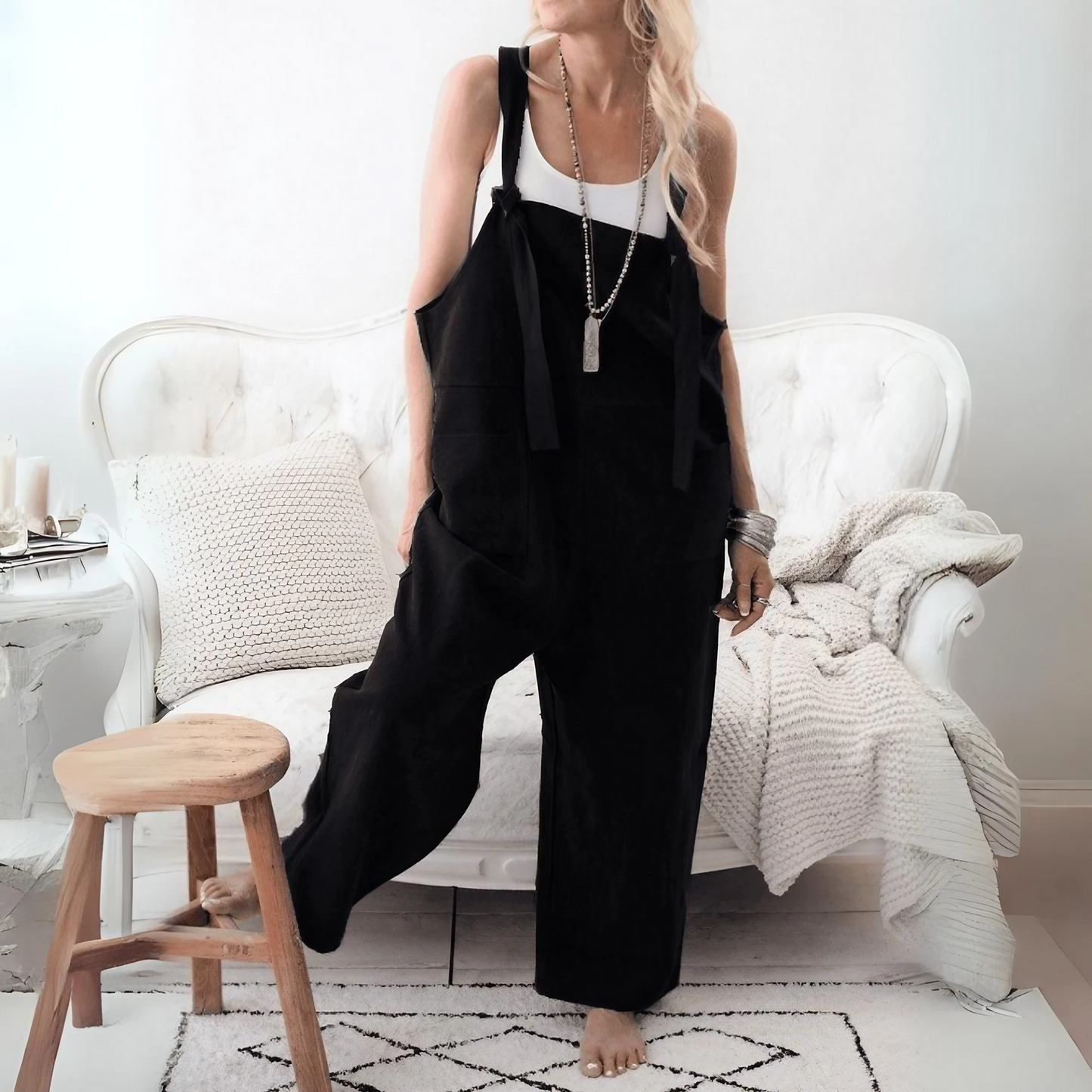 Out-Shine | Casual Loose Cotton Linen Solid Pockets Jumpsuit