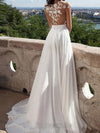 Out-Shine | Side Slit, Open Back, V - Neckline, White Lace Wedding Dresses