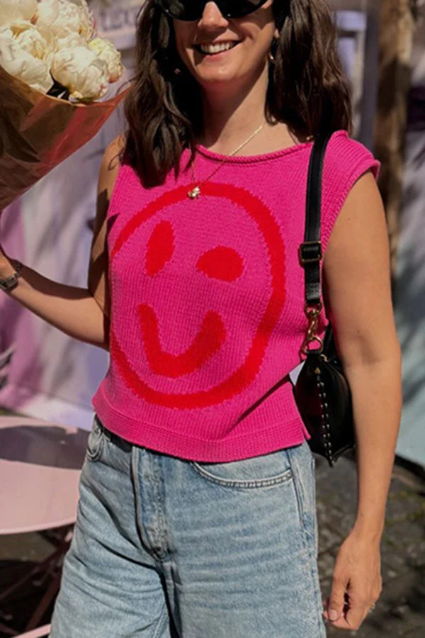 Brilla con luz propia | Camiseta sin mangas holgada y versátil con estampado único de carita feliz 