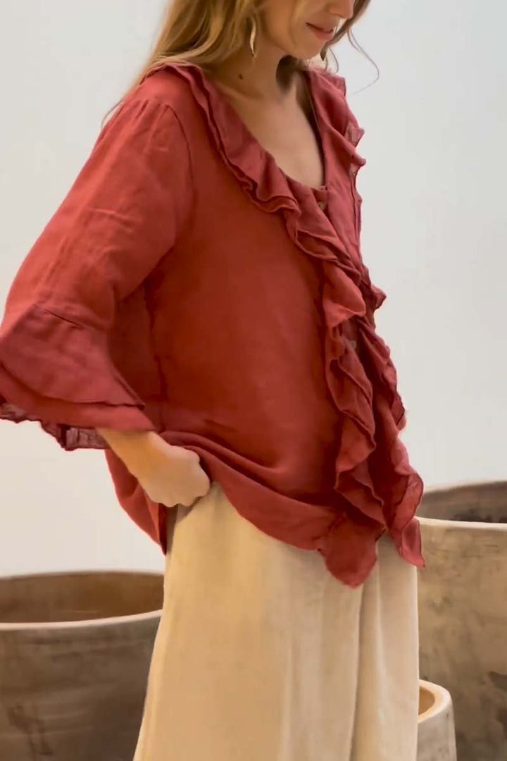 Out-Shine | Casual Ruffle Collar Cotton and Linen Tops