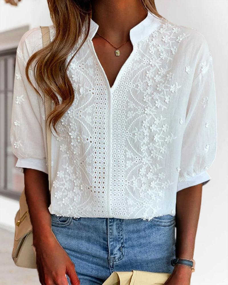Out-Shine | V-Neck Stand-Up Collar Embroidered Blouse