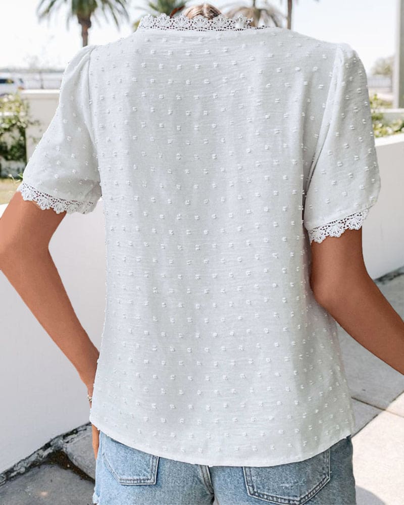 Out-Shine | Flattering V-Neck Short Sleeve Lace Blouse