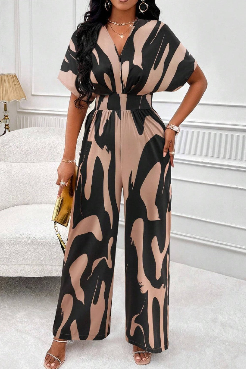 Out-Shine | Printed V-Neck Short Sleeve Wide Leg Jumpsuit