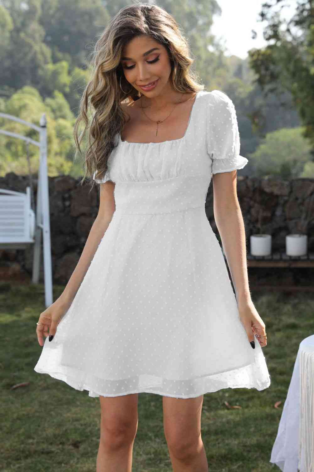 Out-Shine | Square Neck Swiss Dot Flounce Sleeve Dress