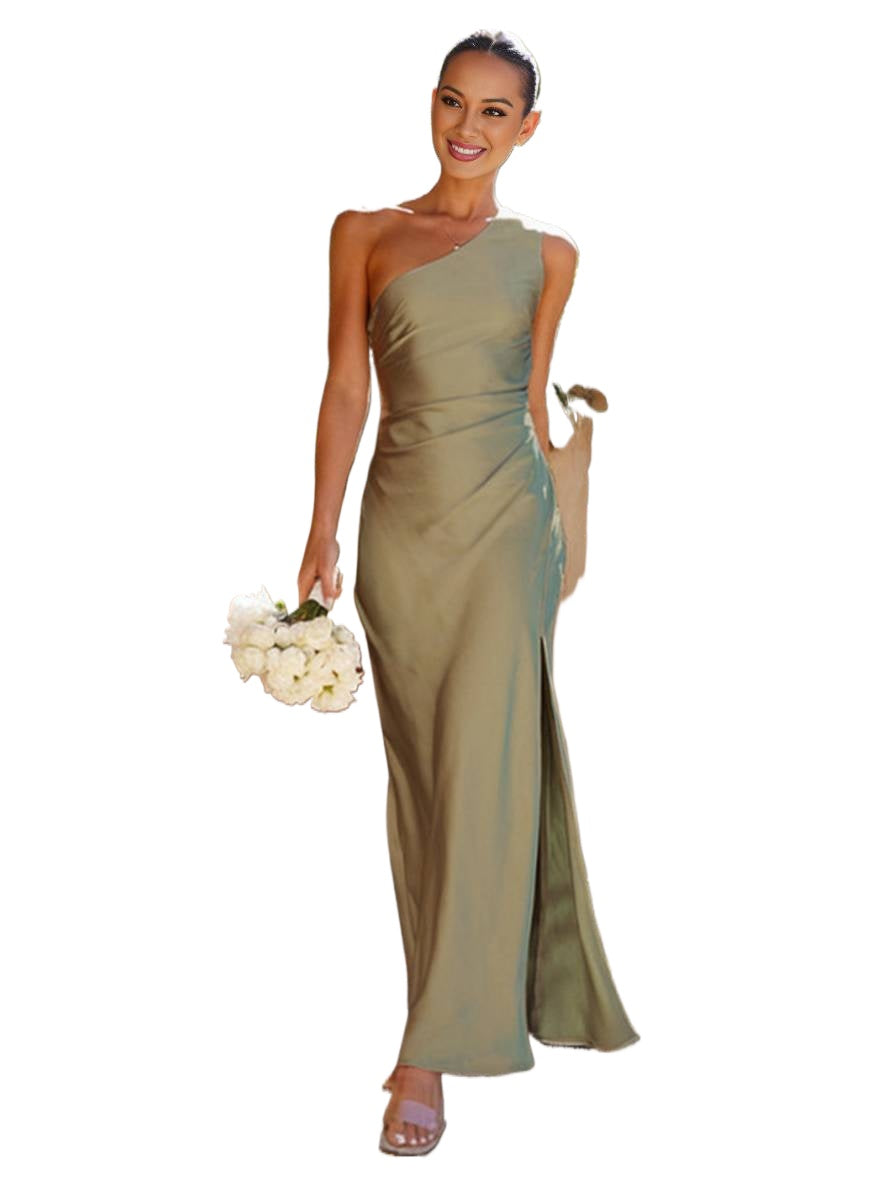 Out-Shine | Dress Satin Bridesmaid Tight with Slit on The Side One Shoulder Without Sleeve  Evening Dress for Wedding