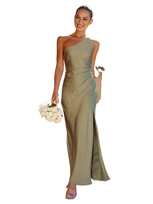 Out-Shine | Dress Satin Bridesmaid Tight with Slit on The Side One Shoulder Without Sleeve  Evening Dress for Wedding
